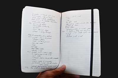 Sample page from sound journal, showing times and descriptions.