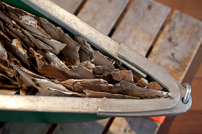 Installation detail, stripped poly canoe with ash, rotted texts